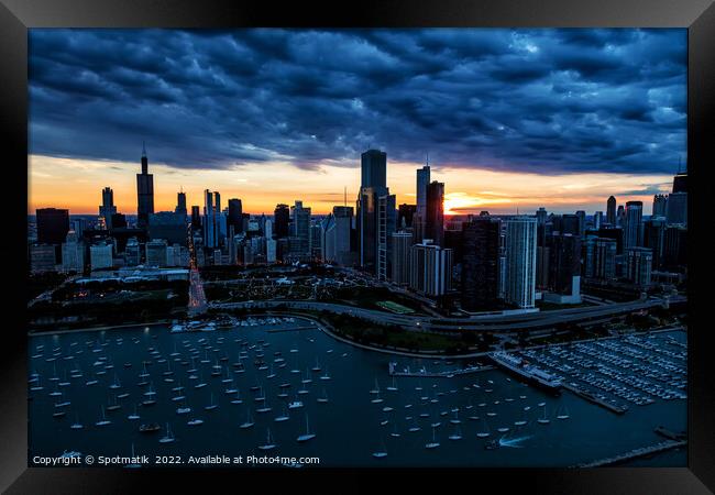 Aerial sunset storm view Chicago Waterfront Millennium Park USA Framed Print by Spotmatik 