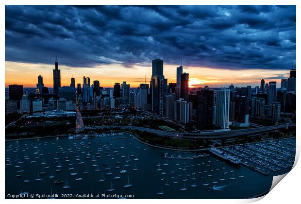Aerial sunset storm view Chicago Waterfront Millennium Park USA Print by Spotmatik 