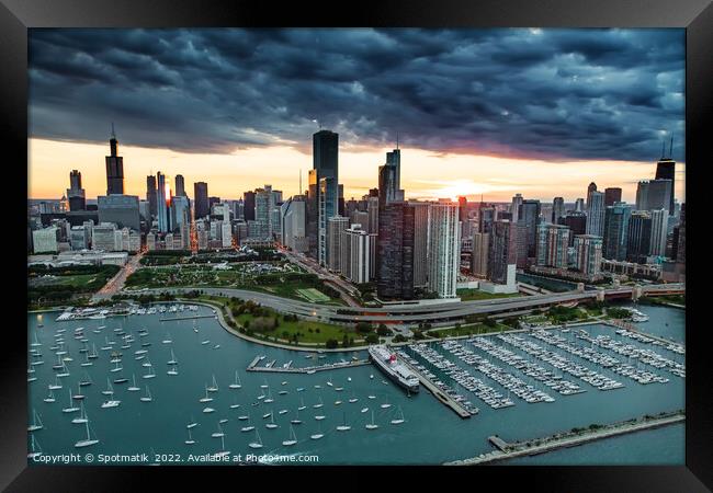 Aerial sunset storm Chicago Waterfront Millennium Park USA Framed Print by Spotmatik 