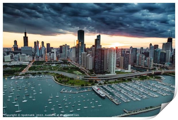 Aerial sunset storm Chicago Waterfront Millennium Park USA Print by Spotmatik 