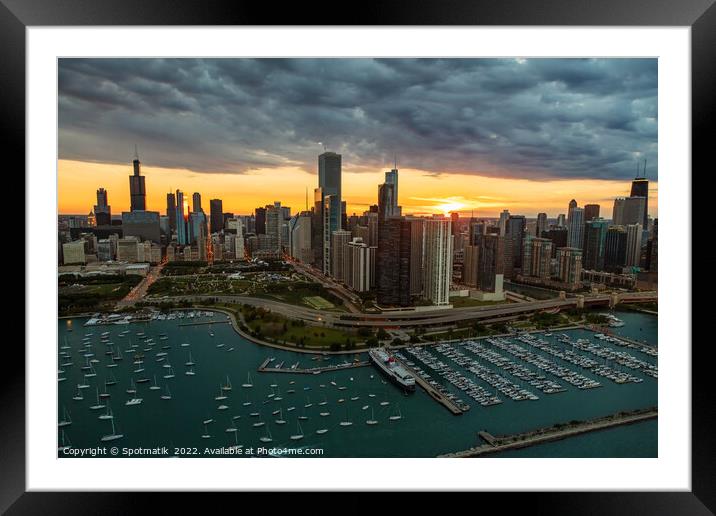 Aerial Chicago sunset view of harbor shoreline marina Framed Mounted Print by Spotmatik 