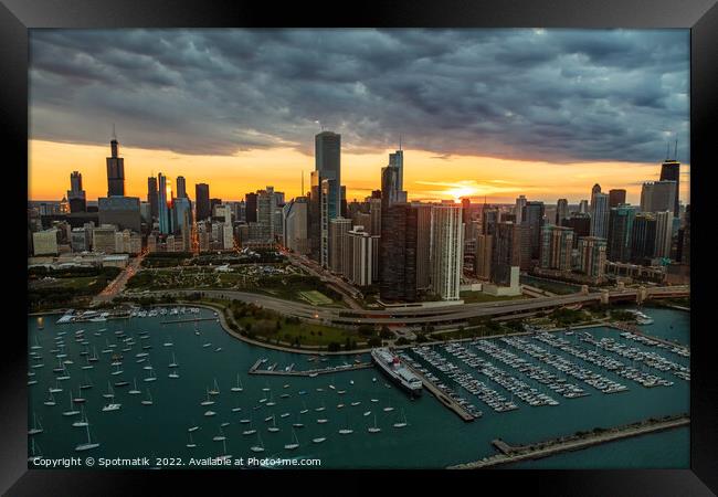 Aerial Chicago sunset view of harbor shoreline marina Framed Print by Spotmatik 