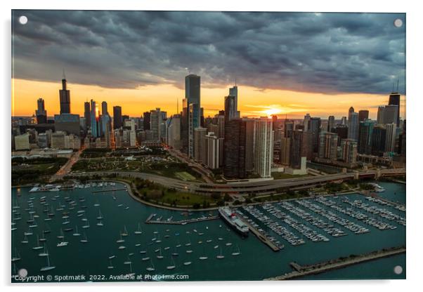 Aerial Chicago sunset view of harbor shoreline marina Acrylic by Spotmatik 