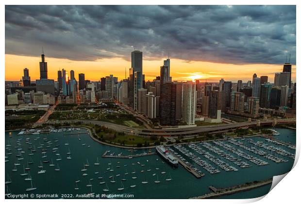 Aerial Chicago sunset view of harbor shoreline marina Print by Spotmatik 