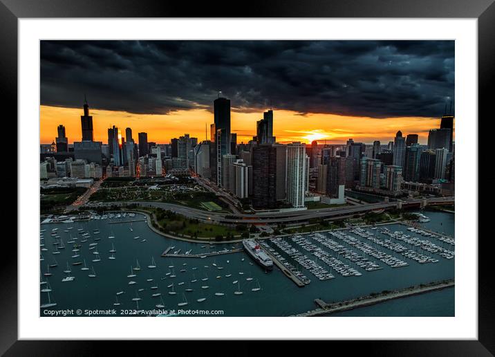 Aerial sunset storm Chicago Waterfront Millennium Park USA Framed Mounted Print by Spotmatik 