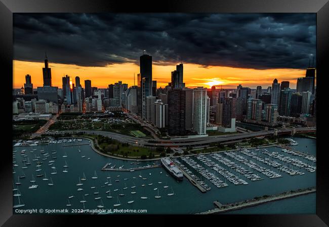 Aerial sunset storm Chicago Waterfront Millennium Park USA Framed Print by Spotmatik 