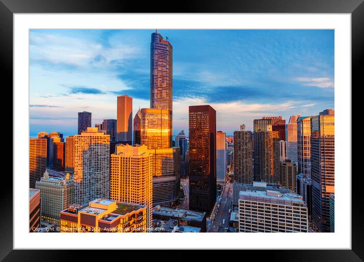 Aerial Chicago city skyscrapers downtown business district Ameri Framed Mounted Print by Spotmatik 