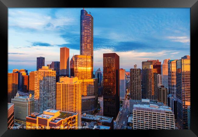 Aerial Chicago city skyscrapers downtown business district Ameri Framed Print by Spotmatik 