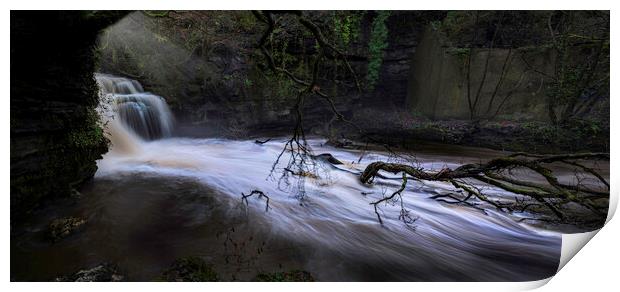 A fast flowing waterfall Print by Leighton Collins