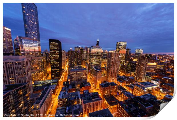 Aerial Chicago skyscrapers illuminated at dusk Trump Tower  Print by Spotmatik 