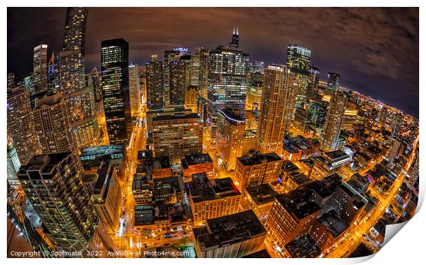 Aerial wide angle night view illuminated Chicago skyline  Print by Spotmatik 