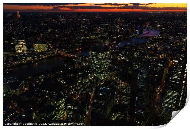 Aerial London illuminated night view financial business center  Print by Spotmatik 