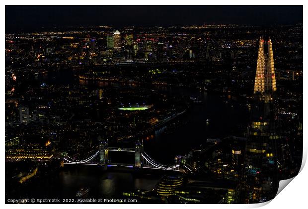 Aerial illuminated London Tower Bridge river Thames travel Print by Spotmatik 