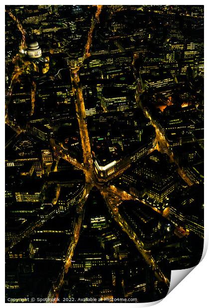 Aerial illuminated London city the financial business center  Print by Spotmatik 