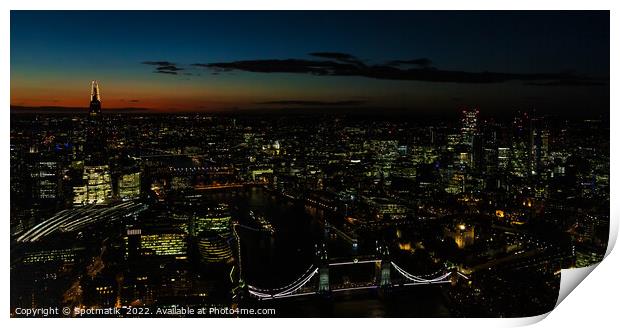 Panoramic Aerial illuminated London view of Tower Bridge England Print by Spotmatik 