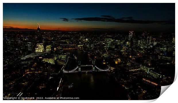 Panoramic Aerial illuminated London view of Tower Bridge England Print by Spotmatik 