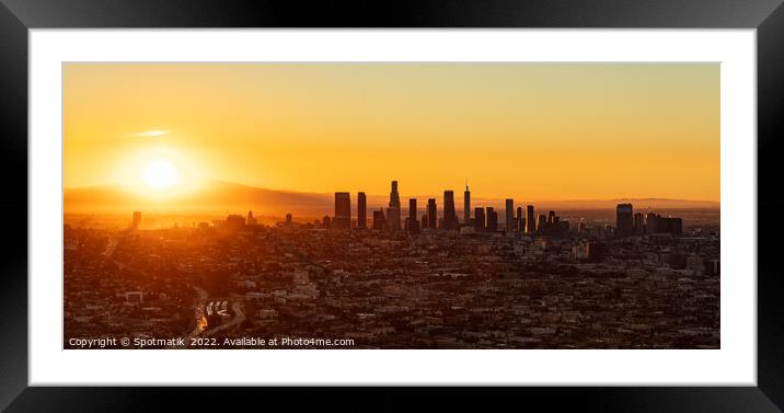 Aerial Panorama American view of sunrise Los Angeles  Framed Mounted Print by Spotmatik 