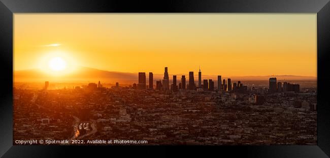 Aerial Panorama American view of sunrise Los Angeles  Framed Print by Spotmatik 