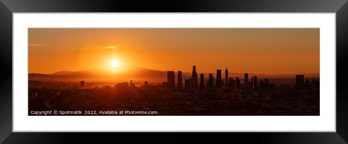 Aerial Panoramic downtown sunrise view Los Angeles America Framed Mounted Print by Spotmatik 