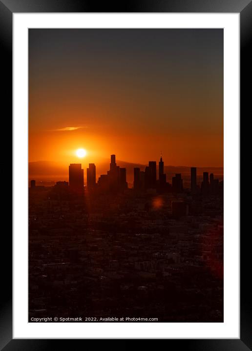 Aerial sunrise Los Angeles city skyline California America Framed Mounted Print by Spotmatik 