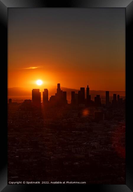Aerial sunrise Los Angeles city skyline California America Framed Print by Spotmatik 