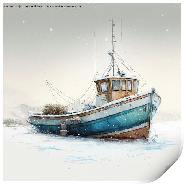 Boat in a winter mooring Print by Tanya Hall