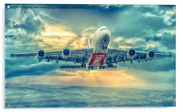 'Emirates A380 Soaring Manchester Skies' Acrylic by Derrick Fox Lomax