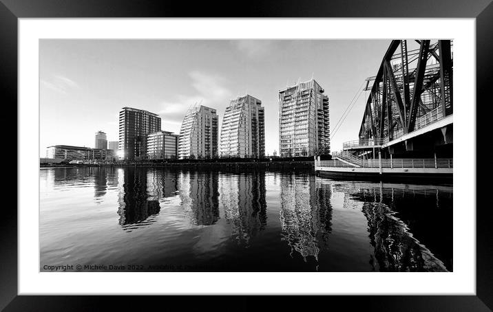 Salford Quays Reflections, Mono Framed Mounted Print by Michele Davis