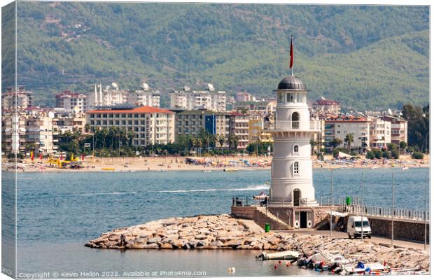 Lighthouse at entrance to Alanya Harbour, Turkey Canvas Print by Kevin Hellon