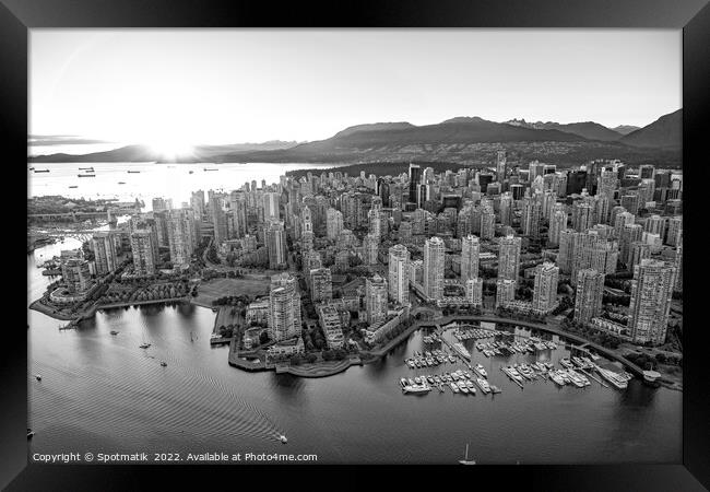 Aerial sunset over Vancouver skyscrapers False Creek Canada Framed Print by Spotmatik 