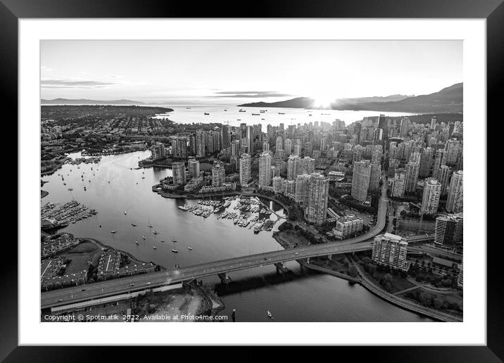 Aerial sunset view Vancouver skyscrapers Bridge Canada Framed Mounted Print by Spotmatik 