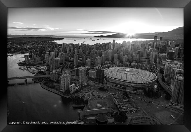 Aerial Vancouver sunset over BC Place Stadium Canada Framed Print by Spotmatik 