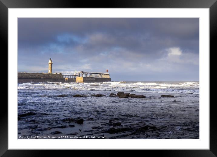 East Pier - Whitby on a stormy day Framed Mounted Print by Michael Shannon