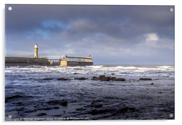 East Pier - Whitby on a stormy day Acrylic by Michael Shannon
