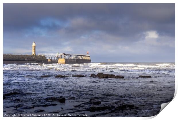 East Pier - Whitby on a stormy day Print by Michael Shannon