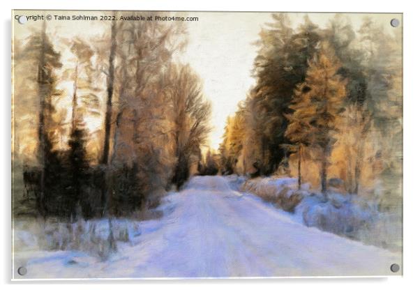 Golden Light on Rural Road in Winter Acrylic by Taina Sohlman