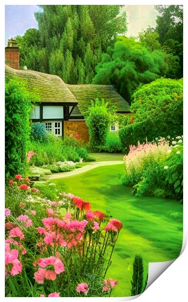 Nostalgic Country Cottage Garden Print by Roger Mechan