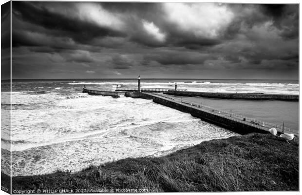 Stormy seas and Whitby piers 849 Canvas Print by PHILIP CHALK