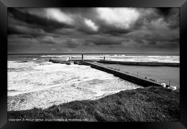Stormy seas and Whitby piers 849 Framed Print by PHILIP CHALK