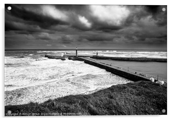 Stormy seas and Whitby piers 849 Acrylic by PHILIP CHALK