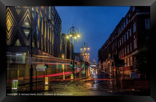 Leeds City Centre New Years Eve Light trails Framed Print by Richard Perks
