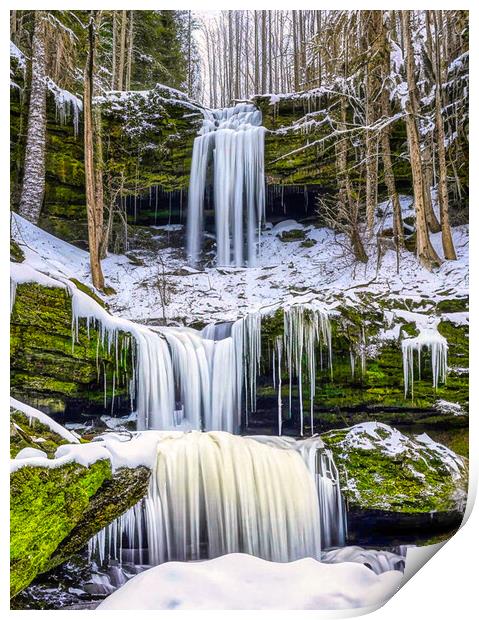 Tranquil Winter Waterfalls Print by Roger Mechan