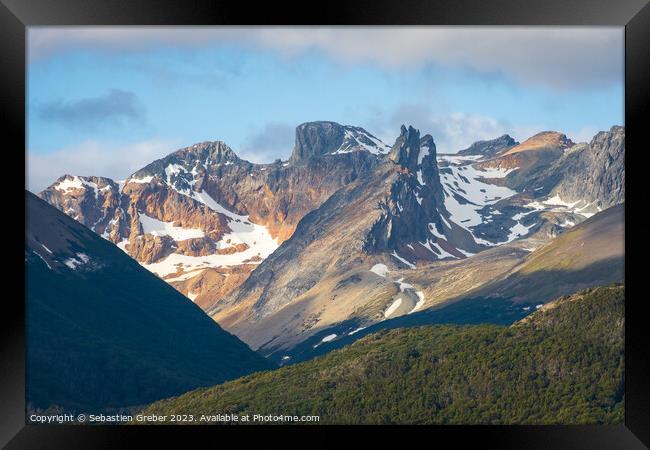 Mountains at sunset towering over the Beagle Channel, Argentina Framed Print by Sebastien Greber