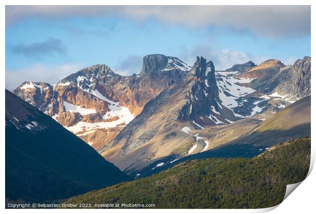 Mountains at sunset towering over the Beagle Channel, Argentina Print by Sebastien Greber