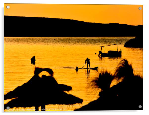 Sunset Paddle Boarder Menorca Spain. Acrylic by Craig Yates
