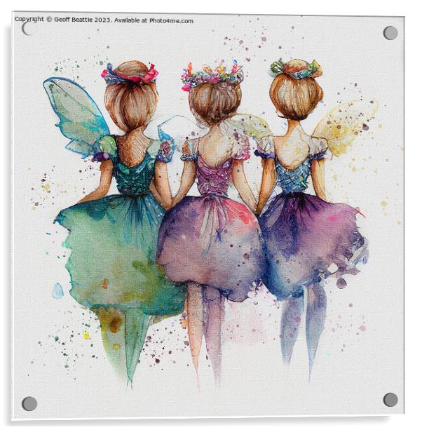 Three little fairies in watercolour Acrylic by Geoff Beattie