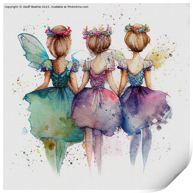 Three little fairies in watercolour Print by Geoff Beattie