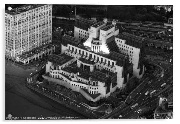 Aerial view London MI6 Government Building River T Acrylic by Spotmatik 