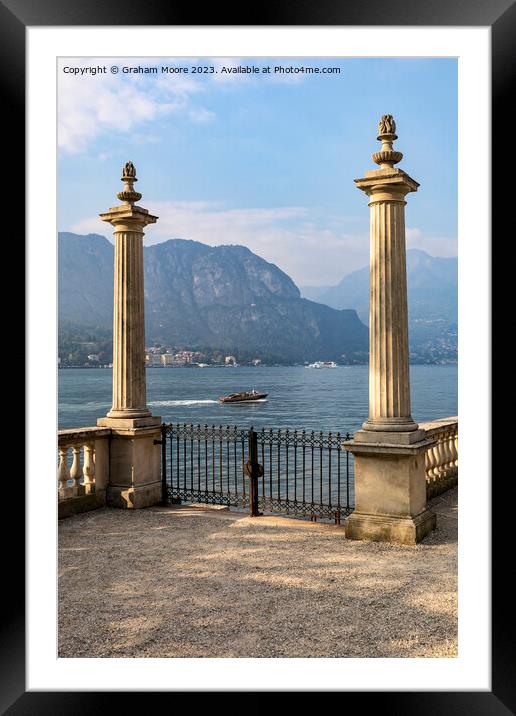 Lake Como terrace  and motorboat Framed Mounted Print by Graham Moore