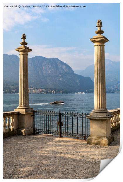 Lake Como terrace  and motorboat Print by Graham Moore
